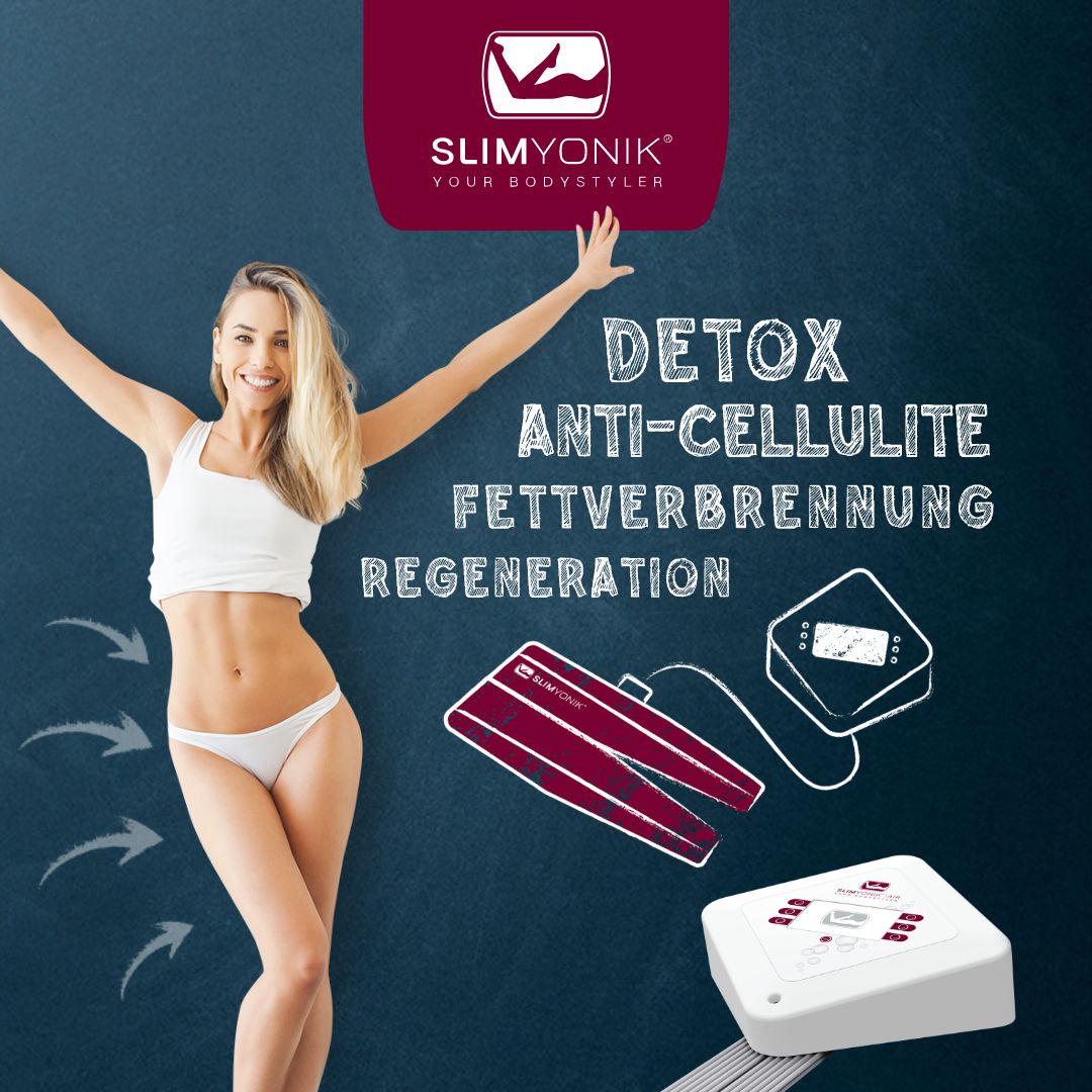 med fit in Dornbirn für den SLIMYONIK® AIR Bodystyler, der Detox, Anti-Cellulite, Fettverbrennung und Regeneration unterstützt. Abgebildet ist eine glückliche Frau in Sportkleidung mit den Geräten und Funktionen des SLIMYONIK® Systems, verfügbar bei med fit Dornbirn.