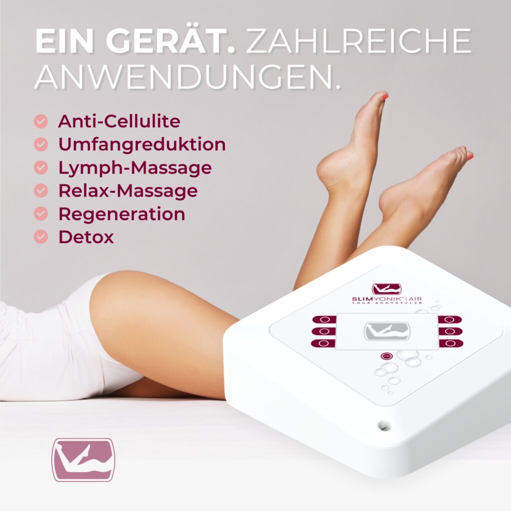 med fit in Dornbirn für den SLIMYONIK® AIR Bodystyler. Das Bild zeigt das Gerät mit seinen vielseitigen Anwendungen: Anti-Cellulite, Umfangreduktion, Lymph-Massage, Relax-Massage, Regeneration und Detox. Im Vordergrund sind Beine in entspannter Position zu sehen, die die entspannende Wirkung der Behandlungen symbolisieren